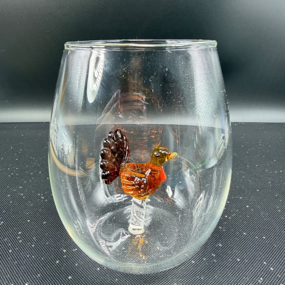 Crate and Barrel Turkey Stemless Wine Glasses Set of 2 Thanksgiving Glassware - Picture 5 of 10